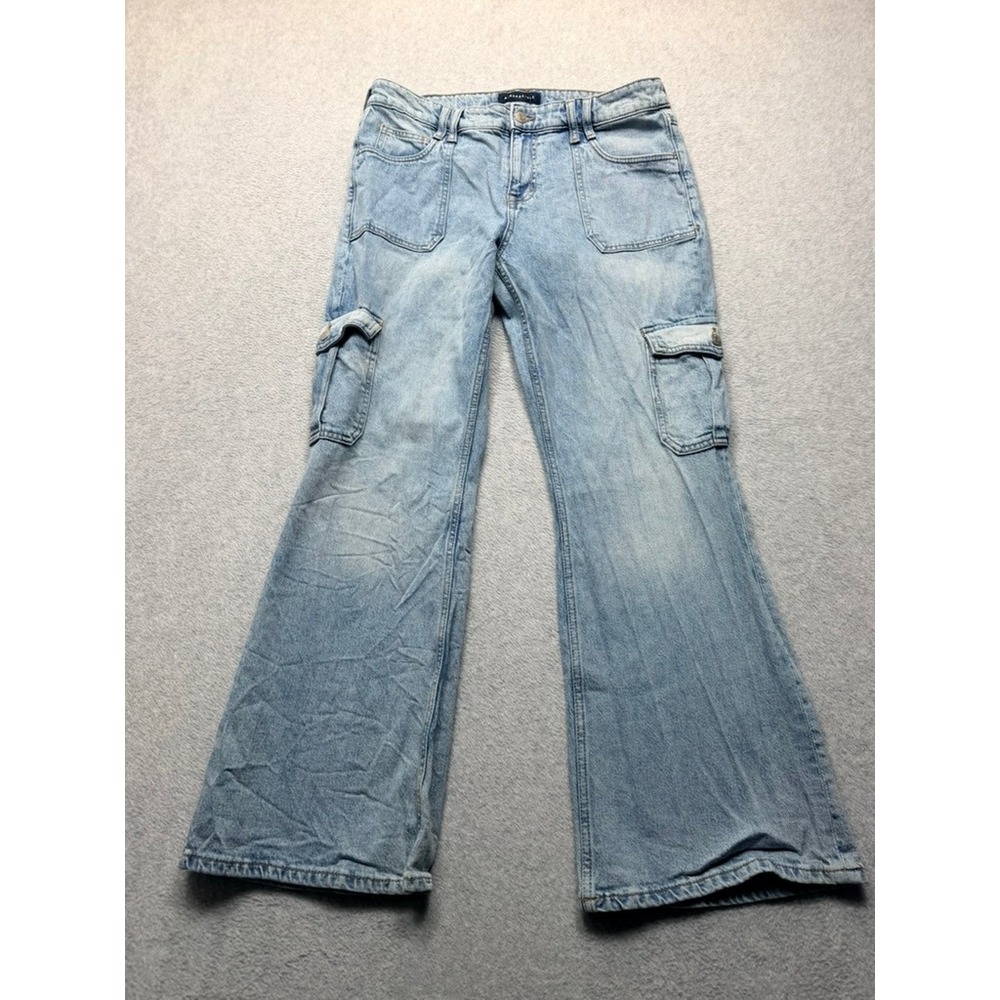 Aeropostale Women Light Wash High Waisted Cargo Wide Leg Flare Jeans Size 12